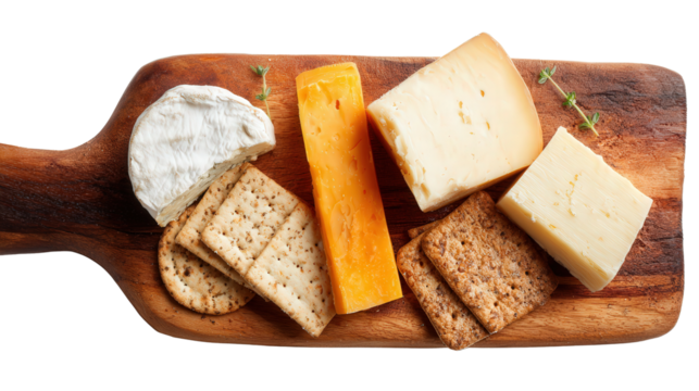 Wooden Cutting Board with Cheese: A flat lay of a wooden cutting board with assorted cheeses and crackers, isolated on a Transparent background, PNG file. - Powered by Adobe