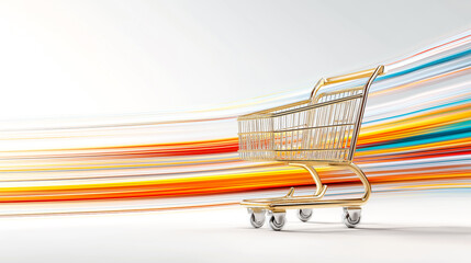 Golden Shopping Cart with Streaking Colorful Light Trails on Whi