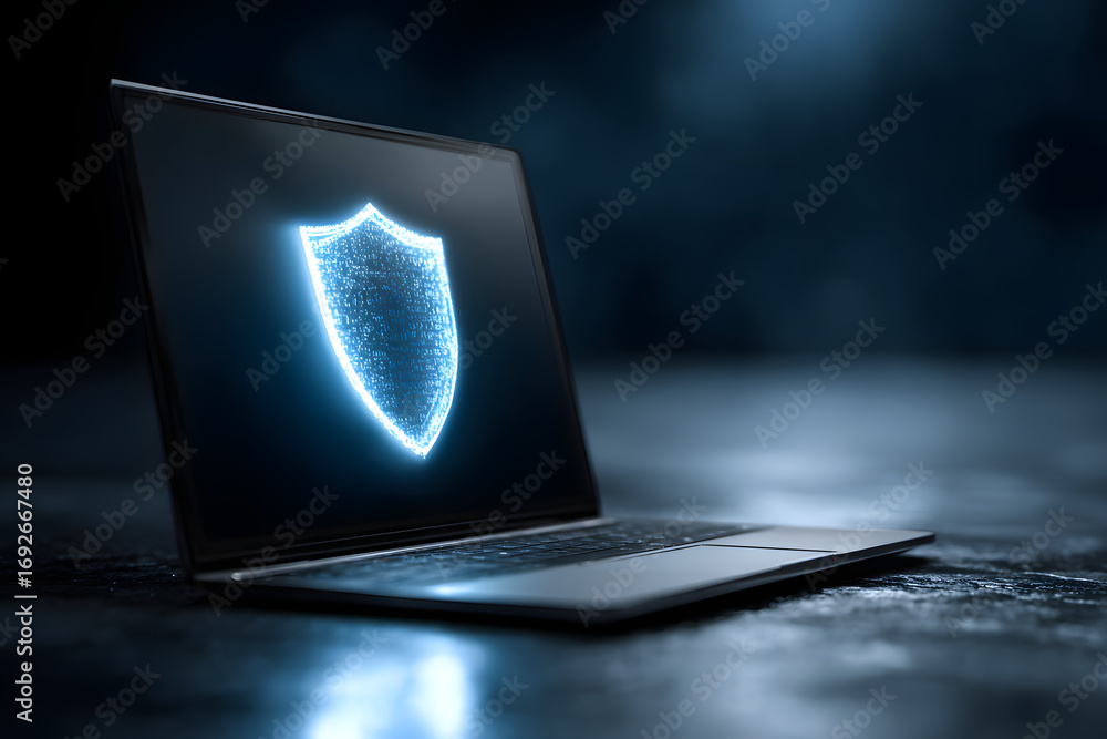 Poster cyber security, data protection, cyberattacks concep on blue background. databse security software d