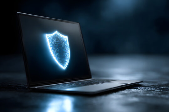 Cyber security, data protection, cyberattacks concep on blue background. Databse security software develpment. Online security conept. Laptop protected withshield. AI