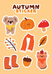 cute hand drawing autumn element sticker sheet. cute autumn doodle with cartoon koala and cat