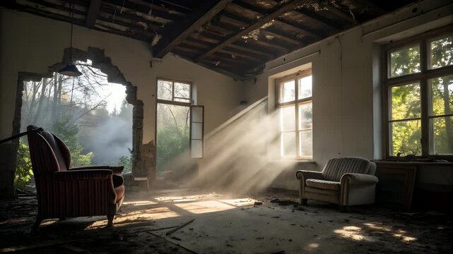 Old abandoned house with broken chair, window, with smoke and overgrown plant inside it