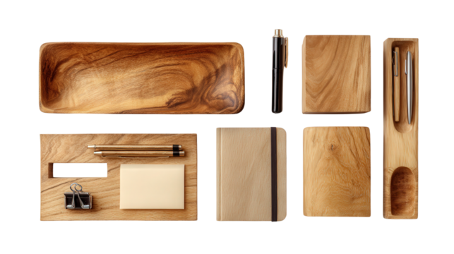 Wooden Desk Organizers: A flat lay of wooden desk organizers with pens, paper, and a notebook, isolated on a Transparent background, PNG file.