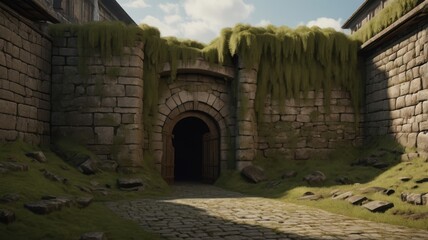 Fototapeta premium Overgrown Stone Gateway to a Mysterious Medieval Courtyard