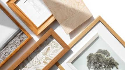 Wooden Frames and Art: A flat lay of wooden frames and beautiful art prints, isolated on a Transparent background, PNG file.