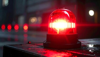 A close-up shot captures a vibrant red rotating light atop a dark metal surface.