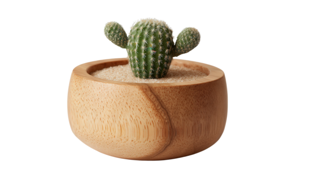 Wooden Plant Pot with Cactus: A flat lay of a wooden plant pot with a small cactus, isolated on a Transparent background, PNG file.