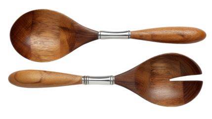 Wooden Salad Servers: A flat lay of wooden salad servers with polished handles, isolated on a Transparent background, PNG file.
