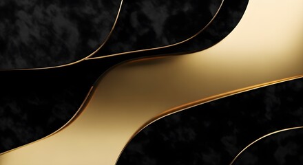 Luxurious abstract  with flowing gold ribbons against a dark textured Black