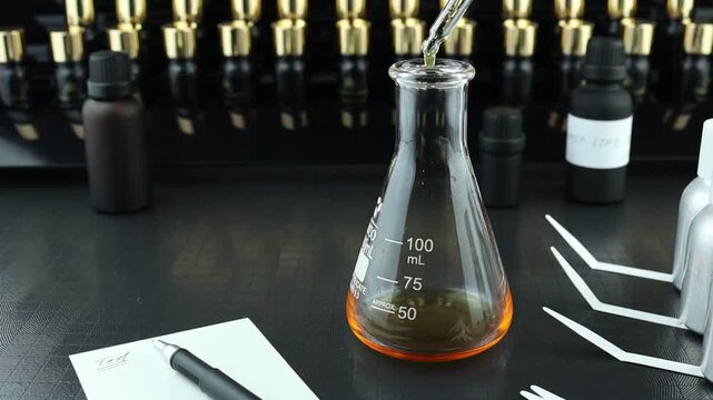 chemical beaker , flask is used on white table with blotting paper , fragrance bottle and essential oil bottle are used to blend the nice scent for making perfume and reed diffuser by perfumer in lab