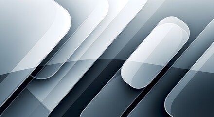 Abstract geometric composition with overlapping rounded rectangles and sharp lines in shades of grey and white