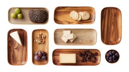 Wooden Serving Trays: A flat lay of wooden serving trays with food items like cheeses and fruits, isolated on a Transparent background, PNG file.
