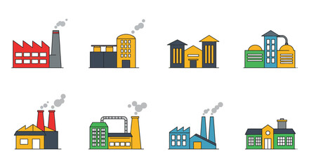 industrial buildings with smoke stacks and colorful designs