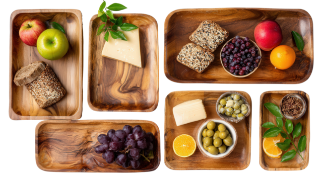 Wooden Serving Trays: A flat lay of wooden serving trays with food items like cheeses and fruits, isolated on a Transparent background, PNG file.