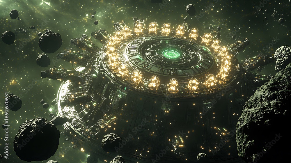 Poster circular space station with lights surrounded by dark asteroids