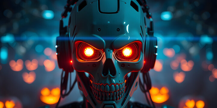 AI with scary face on halloween. Head skull of robot with lighting eyes. Bad Artificial Intelligence in image cyborg look at eyes. Tech halloween party banner. Evil computer