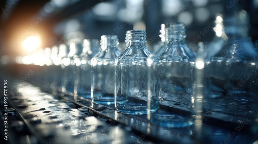 Aufkleber a closeup of the finished glass bottles emerging from the production line reflecting the sunlight wh