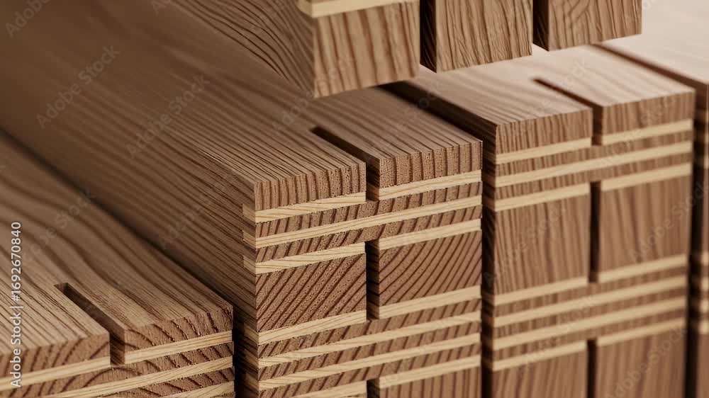 Poster closeup of structural glue lines and precise cuts in engineered wooden beams illustrating advanced m