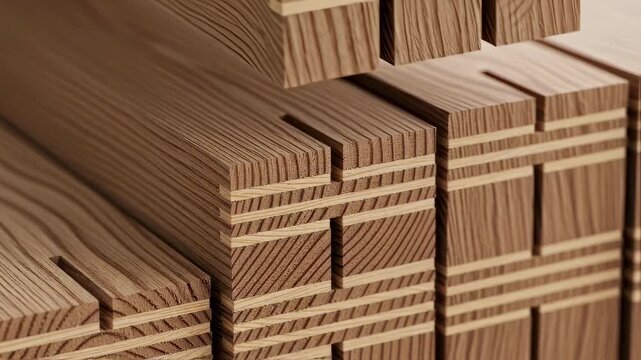 Closeup of structural glue lines and precise cuts in engineered wooden beams illustrating advanced mass timber manufacturing.