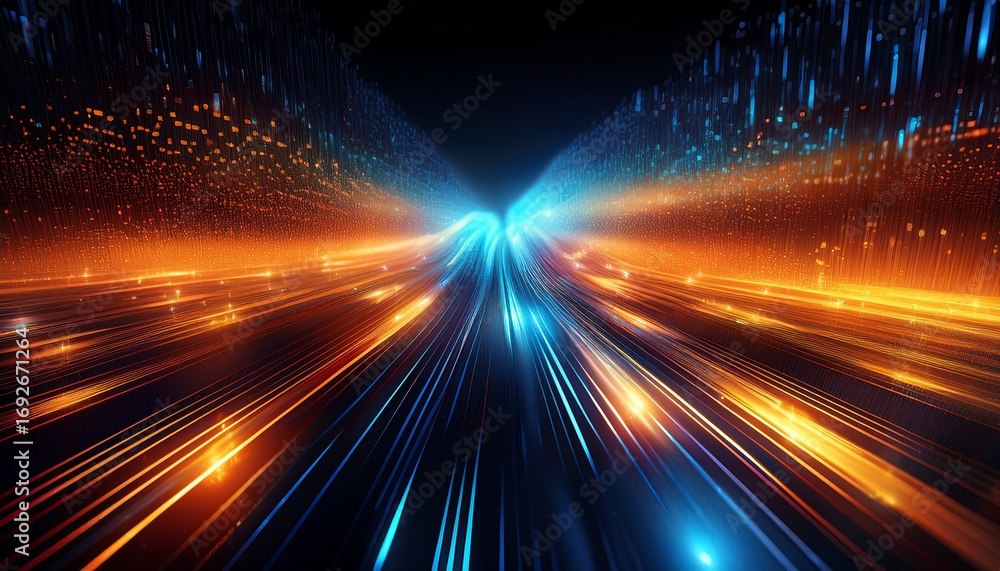 Poster abstract digital data stream with glowing binary code flowing in orange and blue hues