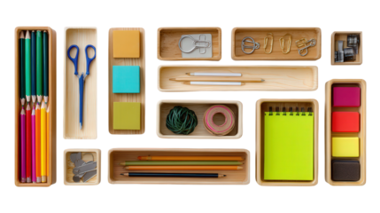 Wooden Storage Bins: A flat lay of wooden storage bins with organized office supplies, isolated on a Transparent background, PNG file.