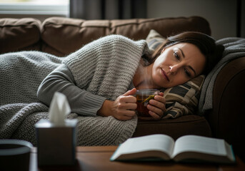 A woman who is sick with a cold or flu is resting peacefully on a sofa at home, wrapped in a warm, knitted blanket.