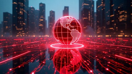 A glowing red digital globe with a cityscape and circuit like patterns, representing global tech connectivity.