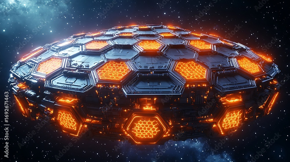 Poster a futuristic spaceship with hexagonal patterns in outer space view