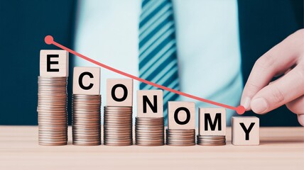 Businessman tracks economy downturn with coins and graph