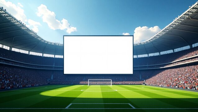A soccer stadium with a large blank screen, full of spectators under a blue sky.