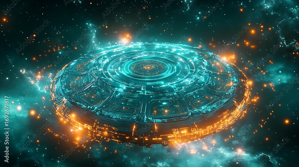 Poster glowing ufo in space with intricate circuit and light details
