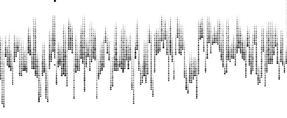 This image displays a digital abstract design with square dots descending from top to bottom in a pattern reminiscent of a sound wave against a stark white background