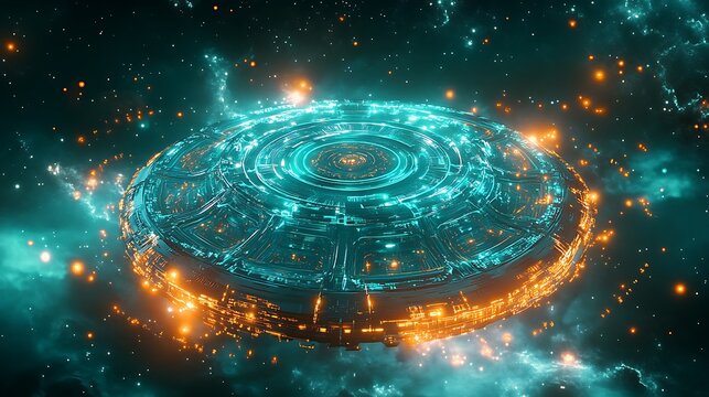 Glowing ufo in space with intricate circuit and light details