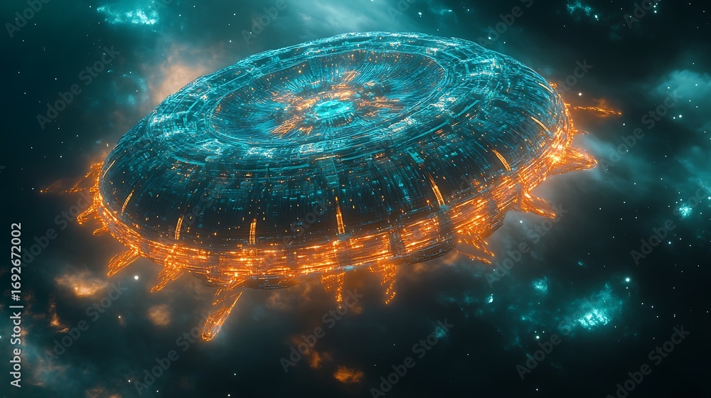 Poster a futuristic structure floating in space with glowing lights around