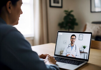Woman having an online video consultation with her doctor via laptop at home.

