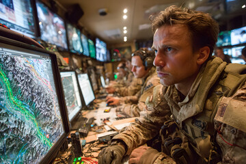 Military personnel analyze digital terrain maps and actical screens in an actie command center