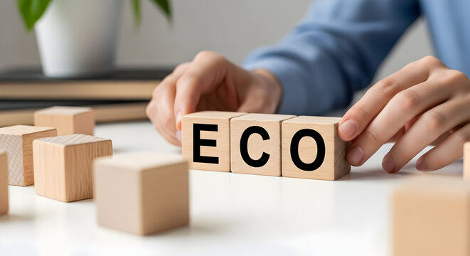 Promote eco-friendly initiatives with wooden blocks spelling ECO for sustainable business branding