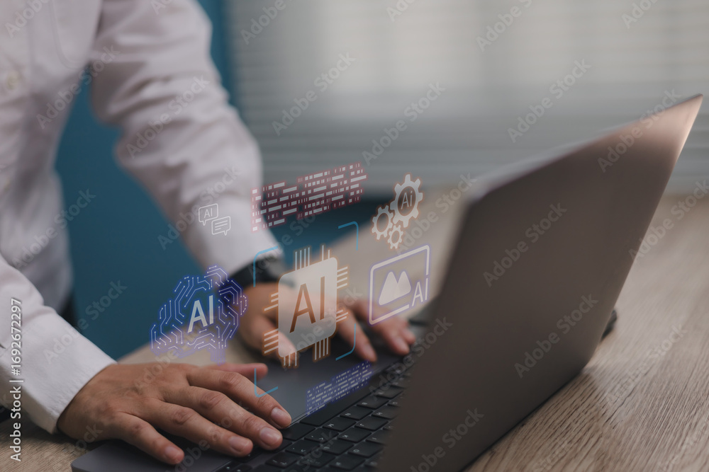 Poster businessman using laptop with hologram ai icons,concepts of artificial intelligence, machine learnin