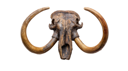 Woolly Mammoth Fossil: A flat lay of a woolly mammoth fossil with large tusks, isolated on a Transparent background, PNG file.