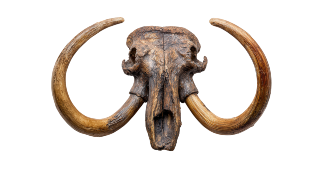Woolly Mammoth Fossil: A flat lay of a woolly mammoth fossil with large tusks, isolated on a Transparent background, PNG file.