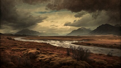 A serene river flows gently through a vast, earthy marshland, beneath towering mountains and a dramatic cloudy sky.