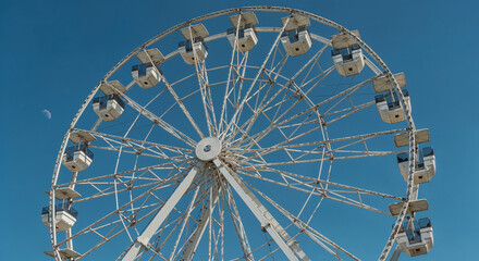 Obraz premium White Ferris wheel with glass cabins and moon, low-angle shot
