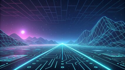 Ai generated image of futuristic neon landscape with 3D holographic circuit grids and luminous nodes
