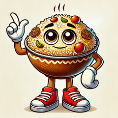  fun, cartoon-style anthropomorphic biryani character with expressive eyes and a slightly tired or sad facial expression