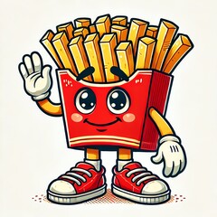 A fun, cartoon-style anthropomorphic French fries character with expressive eyes and a slightly tired or sad facial expression