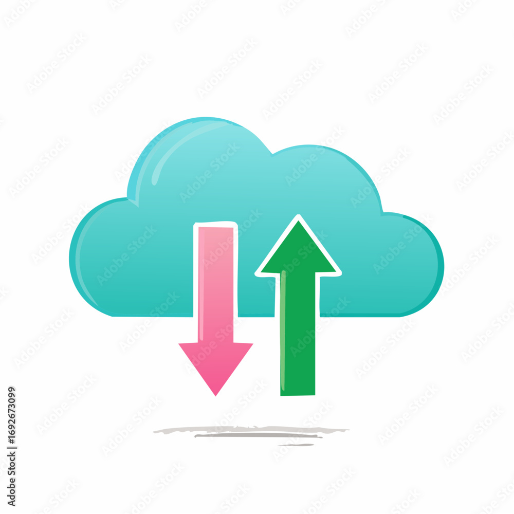 Poster teal cloud with green up arrow and pink down arrow symbolizing data transfer, synchronization, and c
