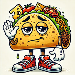 A fun, cartoon-style anthropomorphic taco character with expressive eyes and a slightly tired or sad facial expression