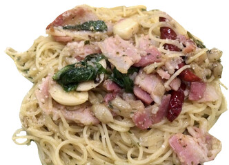 Isolated of A flavorful pasta dish made with thin spaghetti, crispy bacon, garlic, red chili, and leafy greens. Lightly tossed in oil for a savory, aromatic finish.