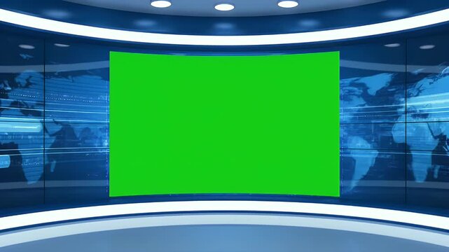 Modern Virtual Studio Set with Green Screen and World Map for Broadcast and News