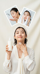 A radiant young Asian woman demonstrates her daily skincare routine, showing the process of washing,rinsing, and applying a gentle facial cleanser